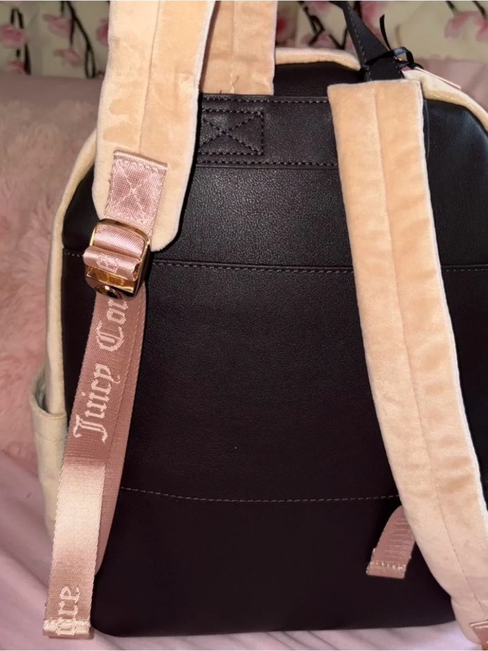 Juicy Couture Beige Pink Velvet Backpack with Black Embroidery & Gold Hardware